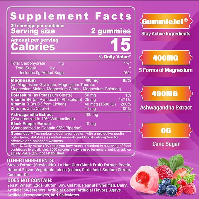 Magnesium Supplements 400mg - 5 Forms of Magnesium: Glycinate, Citrate, Malate, Chloride & Taurate - Sugar Free Magnesium Gummies with Ashwagandha Vitamin D3 & Zinc for Muscle, Mood & Energy, 60Cts