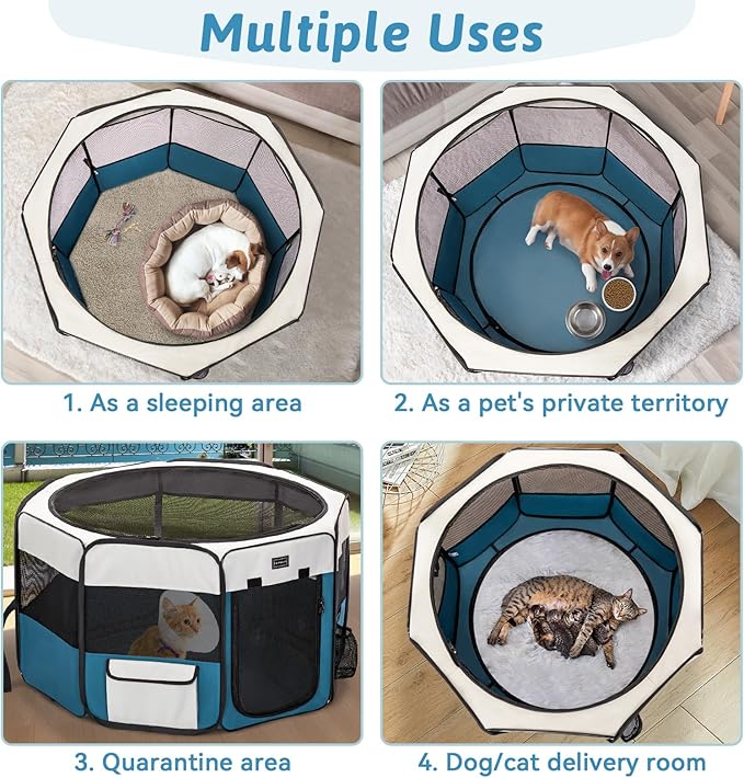 PETSFIT Portable Dog Playpen,36" Dog Play Pen Indoors with Removable Waterproof Mat & Zippered Roof | RV, Camping, Travel Dog Pen | Whelping & Cat Observation Space(36" L x 36" W x 21" H)