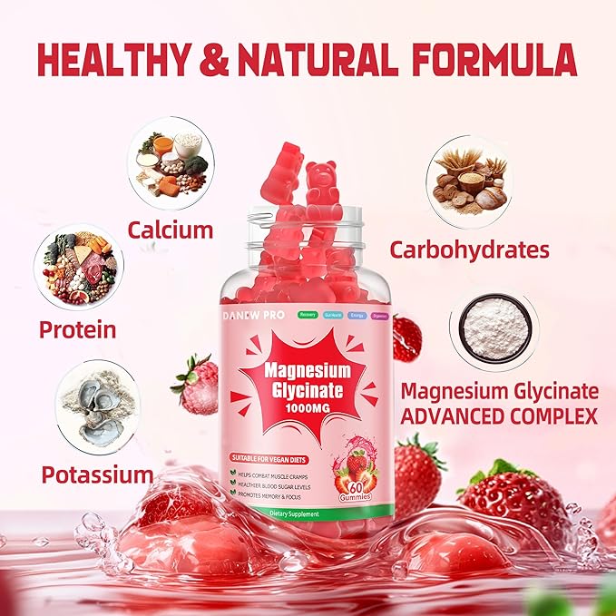 Magnesium Glycinate Gummies 1000mg - Sugar Free Magnesium Potassium Supplement with Vitamin D, B6, CoQ10 for Calm Mood & Sleep Support - 120 Strawberry Gummies
