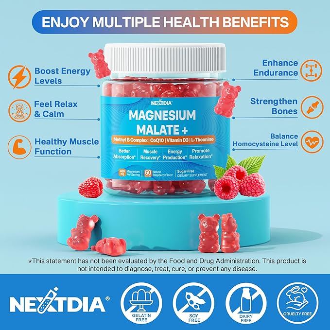 Magnesium Malate Gummies for Adults - Energy, Muscle, Calm & Relax Support - Magnesium 400mg plus CoQ10-100mg, L-Theanine, Vitamin D3, B6, B12 & Folate 5-MTHF, Sugar Free Magnesium Supplement, 2Pack