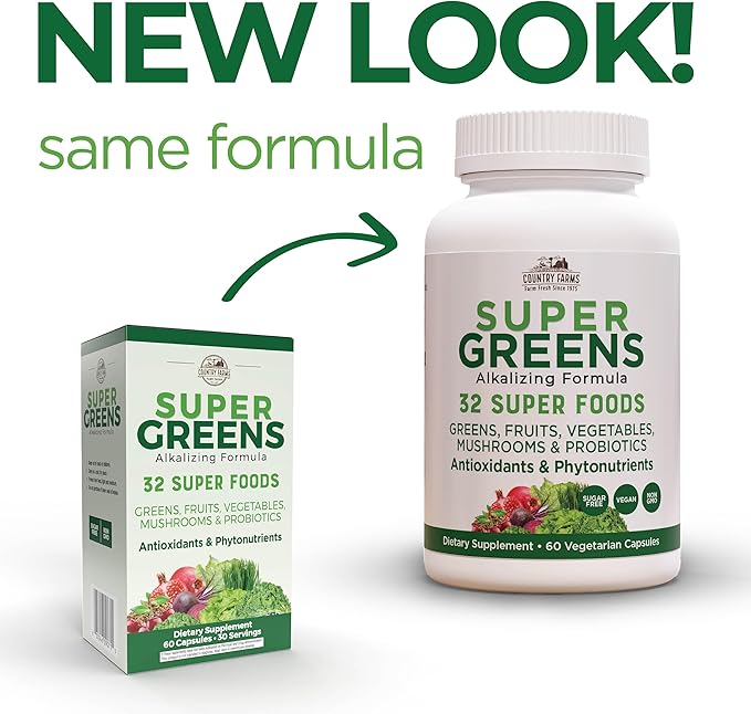 COUNTRY FARMS Super Greens Vegicaps, 32 Super Foods, Whole Food Supplement, Greens, Fruit, Vegetables, Mushrooms & Probiotics, Rich in Antioxidants & Phytonutrients, 120 Count, 60 Servings