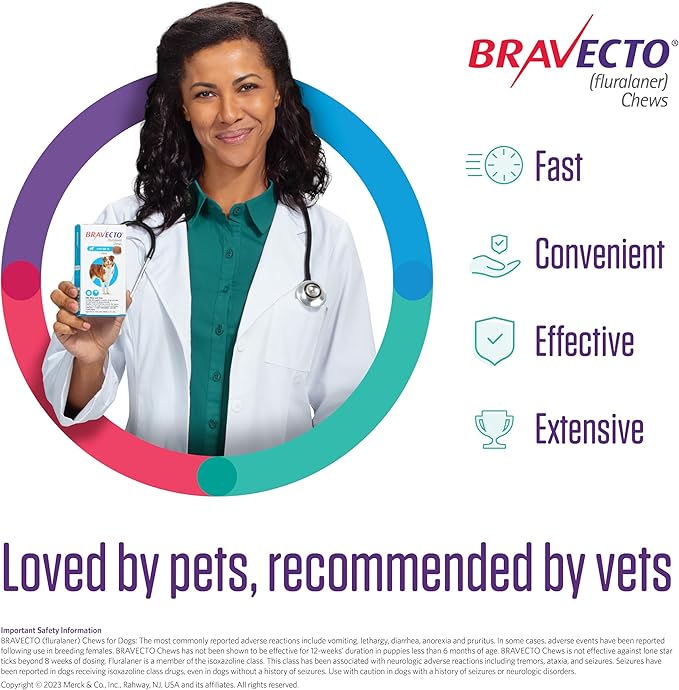 BRAVECTO Chew for Dogs, Flea & Tick, 1 Chew, 12 Week Supply, >44-88 lbs., Blue Box