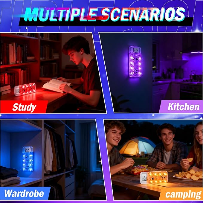 4 PCS Car LED Lights, USB Plug-in Rechargeable 8 High-Brightness LED Beads, Portable Mini Touch Control Dimmable Night Light for Car/Bedroom/Party/Holiday Decoration (2 Amber & 2 Ice-Blue)
