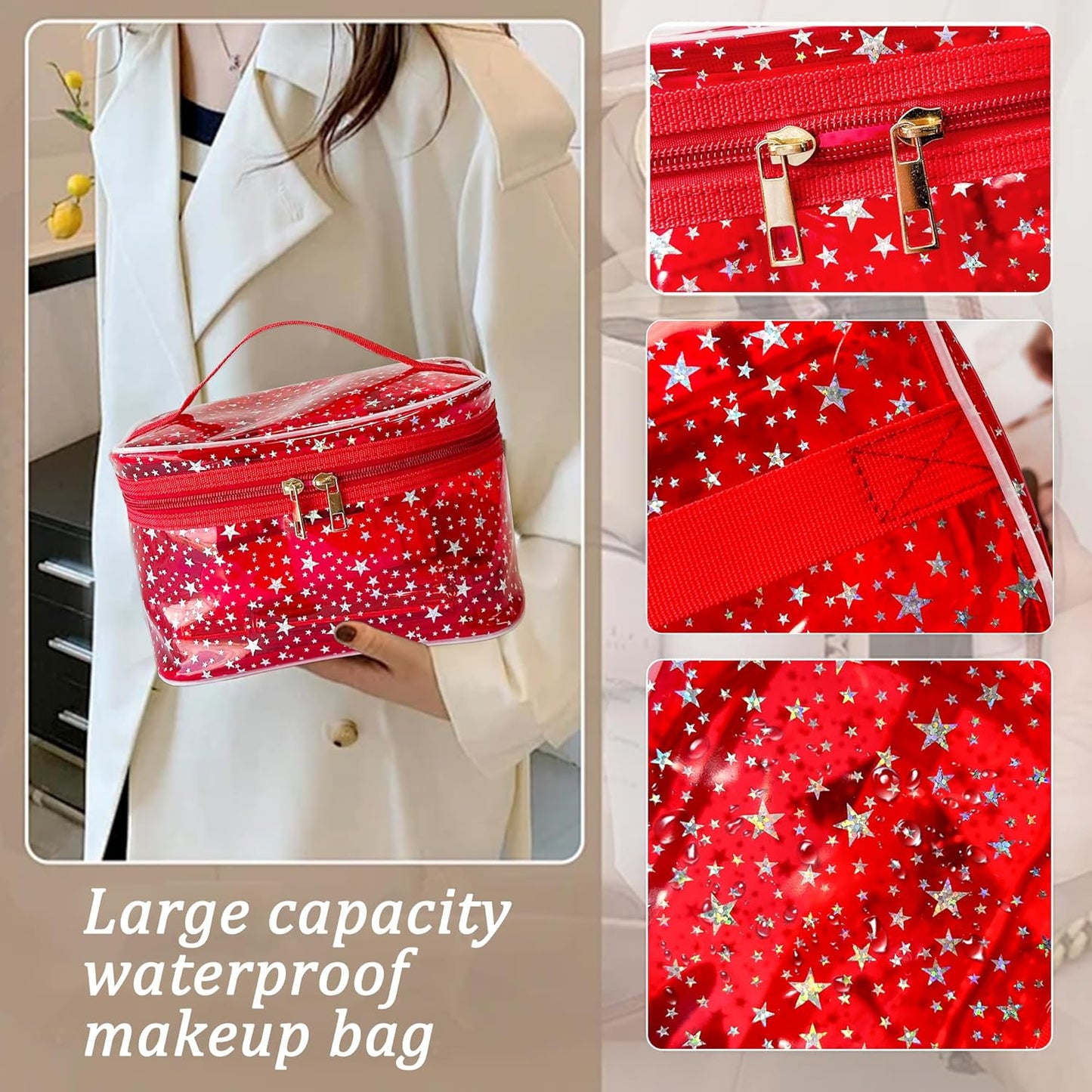 Holographic Makeup Bags Bulk,Clear Storage Bag Toiletry Pocket Portable Zippered Iridescent Pouch Waterproof Cosmetic Gift Bags for Women (Yellow-L)