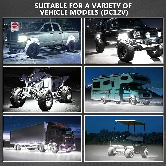10 Pods Pure White LED Rock Lights, IP68 Waterproof Aluminum 6500K Bright White Underglow Light with Extension Cord Harness,12V Metal Fender Lights for Trucks Jeeps Off Road UTV ATV Car Golf RV Etc
