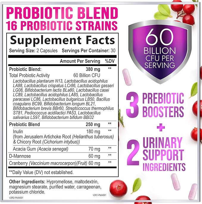 Probiotics for Women 60 Billion CFU, 16 Strains for pH Balance, Vaginal & Digestive Support, Womens Probiotic and Prebiotic + Cranberry for Gut, Urinary & Immune Support, Shelf Stable - 60 Capsules