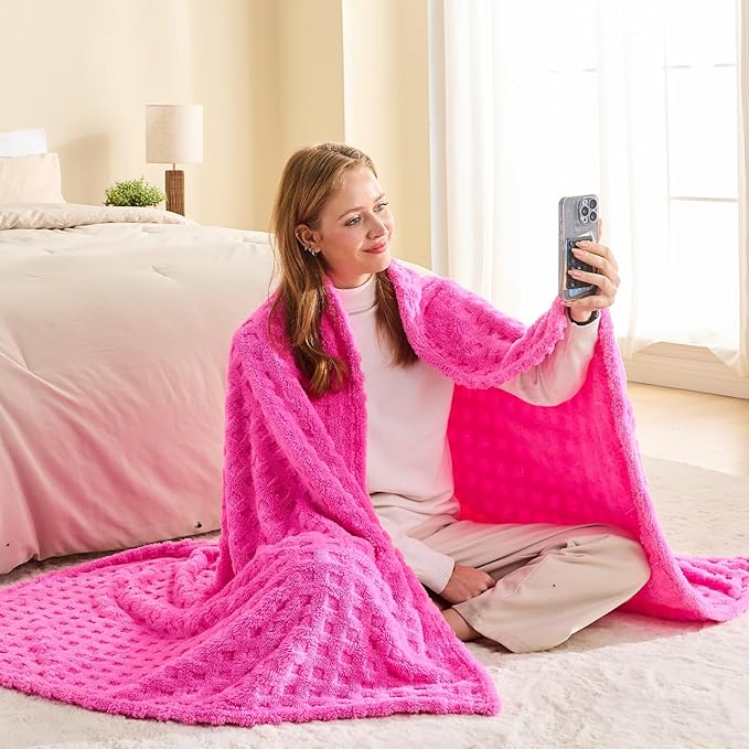 NEWCOSPLAY Super Soft Queen Blanket Pink Premium Silky Flannel Fleece 3D Waffle Checkered Lightweight Bed Blanket All Season Use (Hot Pink, Queen(90"x90"))