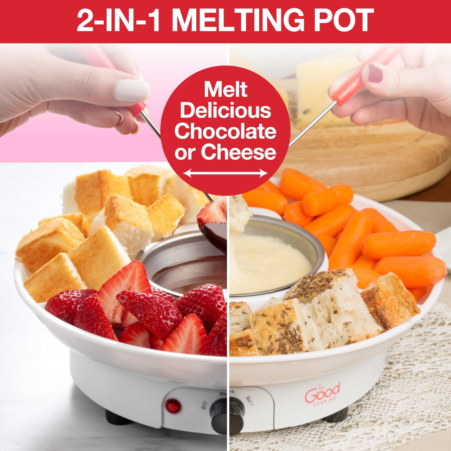 Electric Fondue Maker Deluxe Set w 4 Forks- Removable Serving Tray & Chocolate Melting, Warming Setting- 4th of July Summer S'mores Kit- Dip Snacks Marshmallows Strawberries- Party Appetizers Desserts