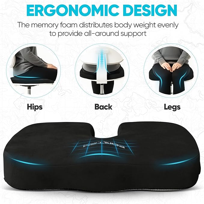 FORTEM Seat Cushion, Office Chair Cushion, Desk Chair Memory Foam, Sciatica Coccyx Tailbone Pain Relief, Pressure Relief, Sitting Pad, for Long Gaming & Sitting, Washable Cover, Non Slip, XL