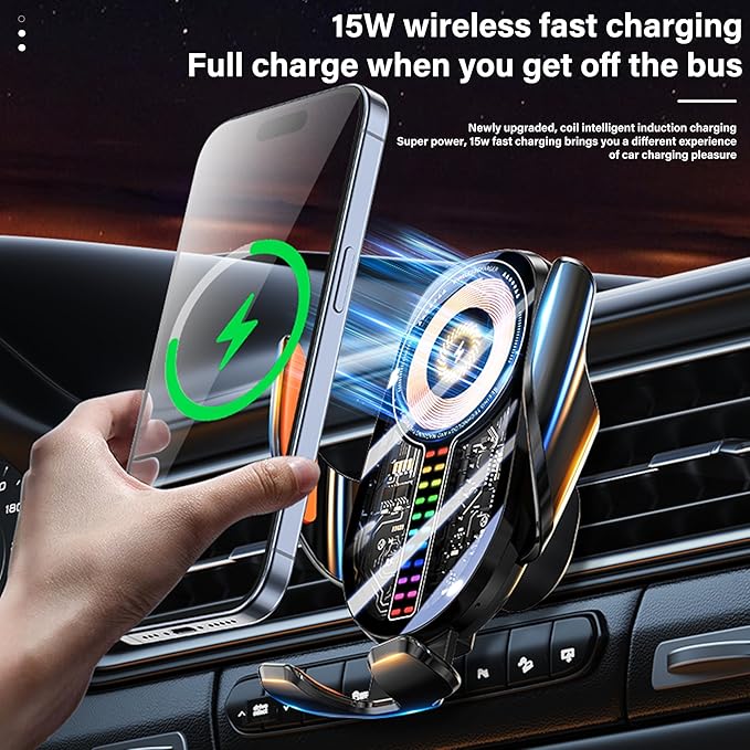15W Car Phone Holder Wireless Charger - Auto Sensing Clamping 3-Axis Adjustable 360° Rotation Fast Charging Phone Holders for Your Car Vent Clip Slim Design with Unisex for iPhone Android Samsung