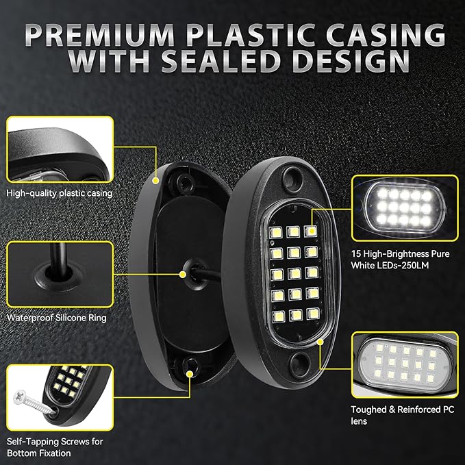 6 Pods White LED Rock Lights with Switch Extension Harness, 6000K 24 LEDs Pure White Neon Underglow Light for ATV SUV UTV RZR SXS Car Trailer Truck, IP67 Waterproof Under Trail Rig Fender Lighting