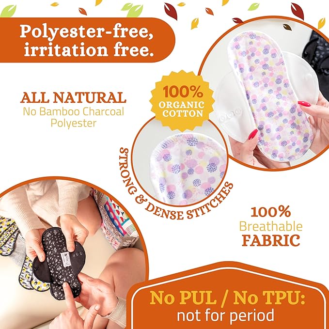 Non-Slip Organic Reusable Panty Liners for Women & Teens (Medium, 7-Pack); High-Temp Washable Cotton Cloth Liners; Stay Fresh & Dry, for Daily Vaginal Discharge Only; 100% Breathable (no PUL/TPU)