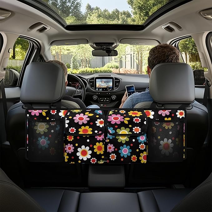 Trunk Organizer for Car Storage Organizer with 4 Pockets, Space-Saving Trunk Storage Organizer with 2 Pockets & 2 Mesh Pouches for Groceries, Hippie Floral Car Accessories for Women