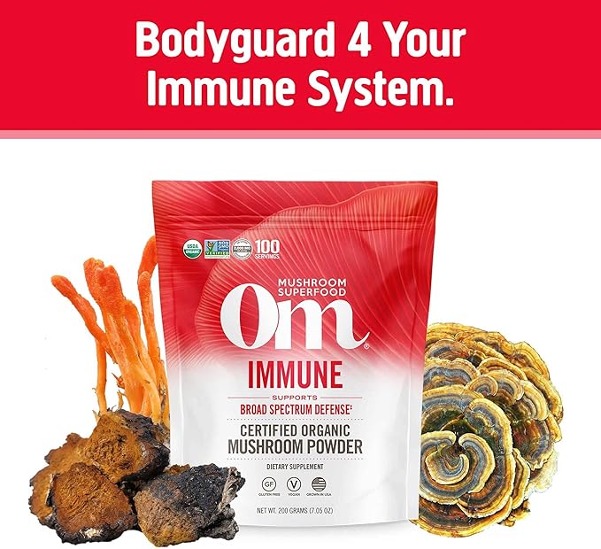 OM MUSHROOM SUPERFOOD Immune Blend Mushroom Powder Superfood Supplement, 7.05 Ounce Pouch, 100 Servings, Mushroom Blend, Reishi & Turkey Tail; Daily Immune Support Supplement