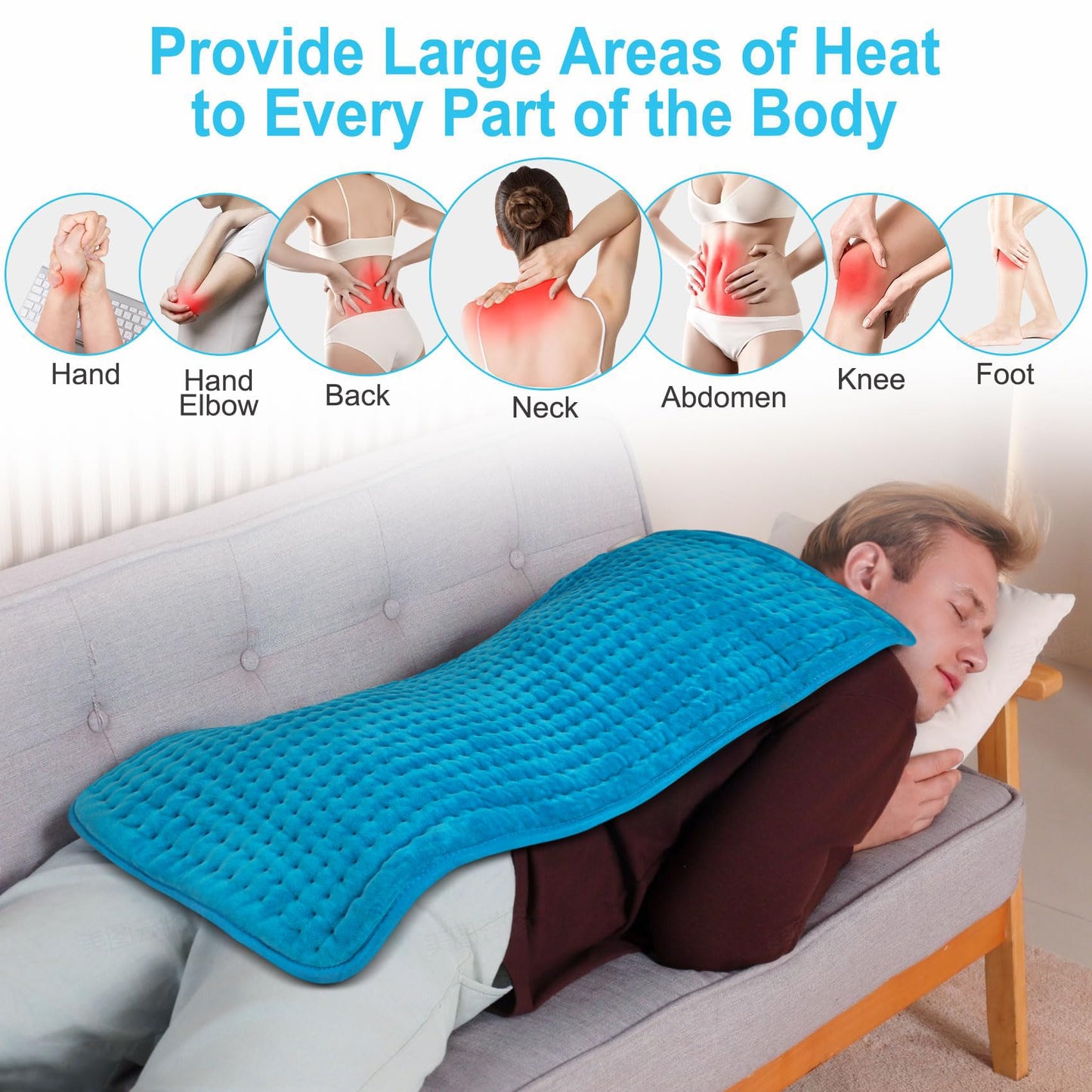 Boileau Electric Heating Pad for Back Pain and Period Cramps Relief, 17"x33" Extra Large XXXL, 3 Heating Levels Heat Pad with 2-Hour Auto Shut Off, Gifts for Women and Mom, Blue