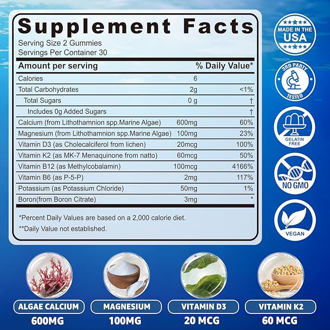Sugar Free Calcium Gummies 600mg, Ocean Algae Calcium with Vitamin D3, K2, Magnesium, B6, B12, Organic Calcium Supplement for Bone Strength & Teeth Health, Orange Flavor, Vegan, 1 Pack
