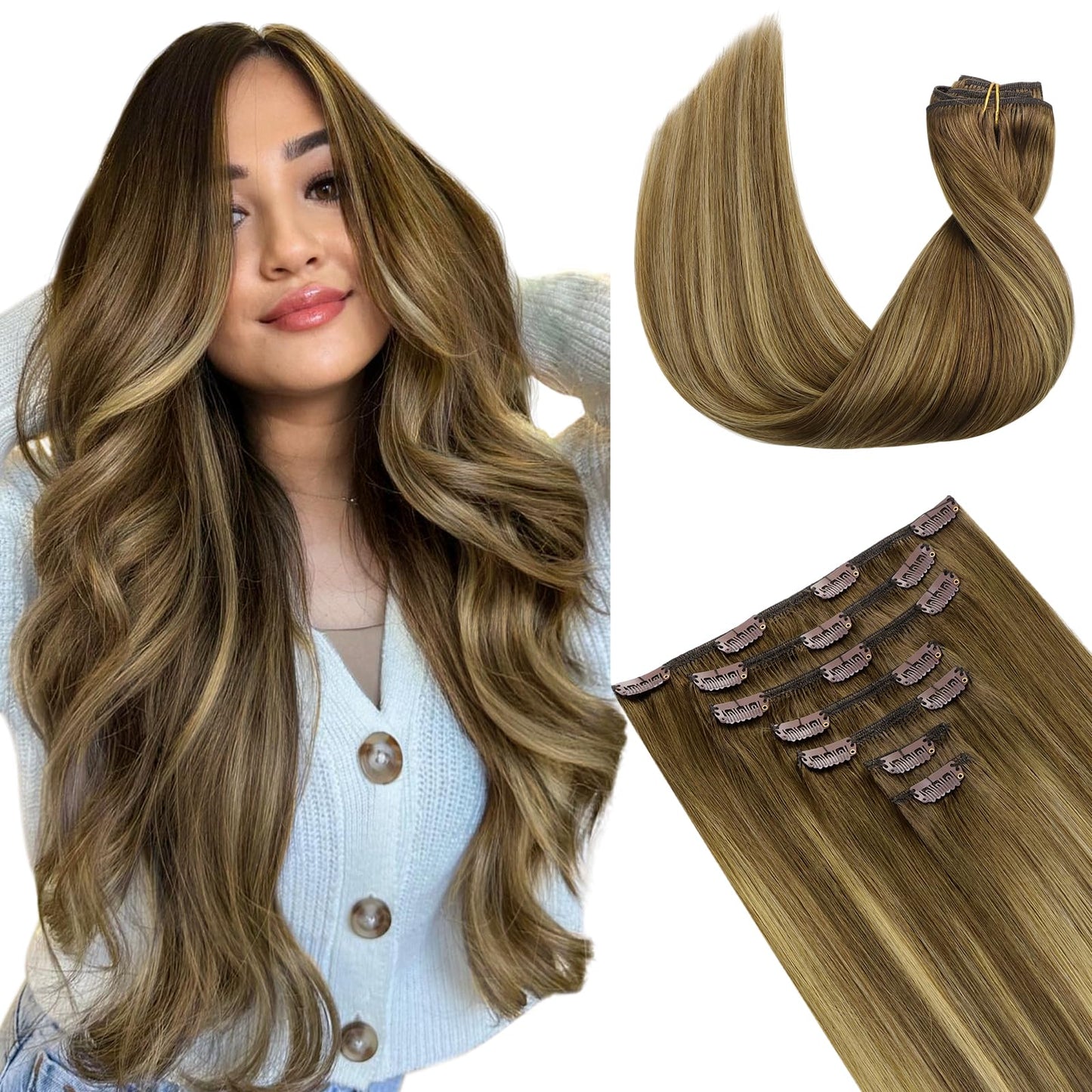 Doores Hair Extensions Clip In Human Hair, Medium Brown Highlighted Dirty Blonde 14 Inch 7Pcs 120G, Real Hair Extensions Clip In
