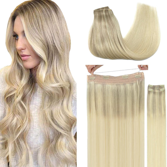 Goo Goo Wire Hair Extensions Human Hair, 17/22/60 Ash Blonde With Golden Blonde And Platinum Blonde Balayage 12Inch 100G, Invisi