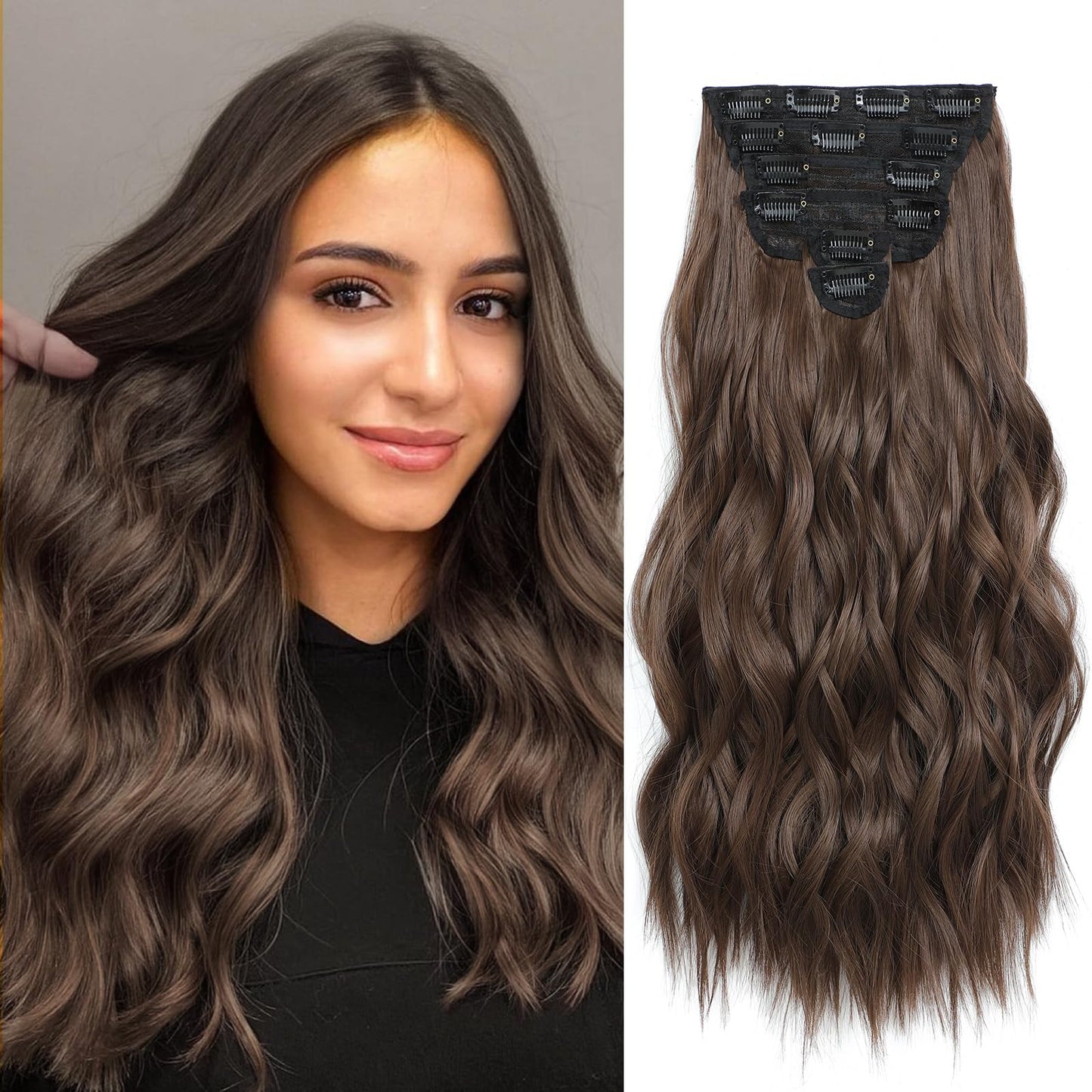 Clip In Hair Extensions For Women - 20 Inch Long Wavy Brown Extensions, 6Pcs Chocolate Brown Hairpieces That Blend Naturally Wit