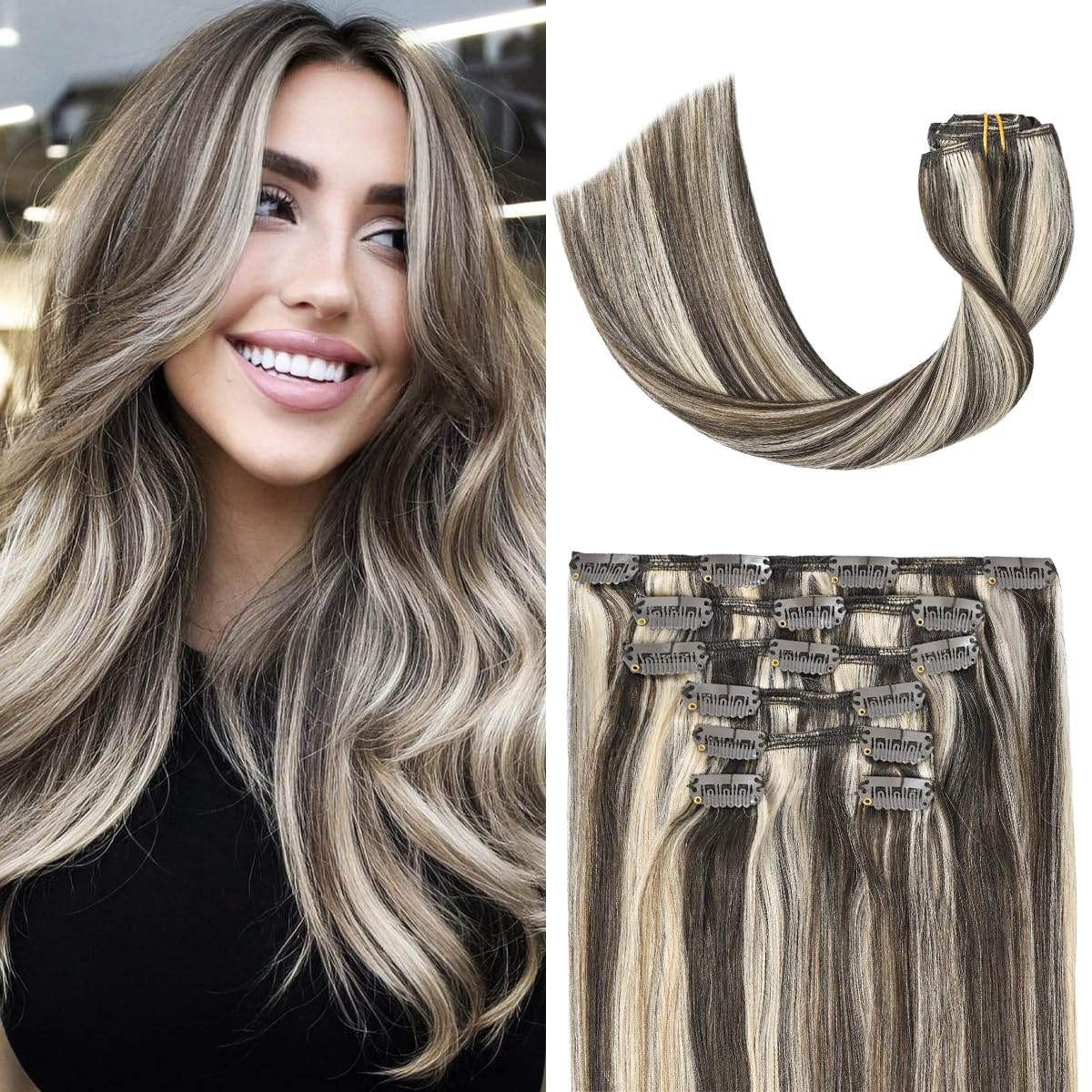 Ugotrays Clip In Hair Extensions Dark Brown Mixed Bleach Blonde Highlight Hair Extensions 12 Inch 70G 7Pcs Straight Real Human H