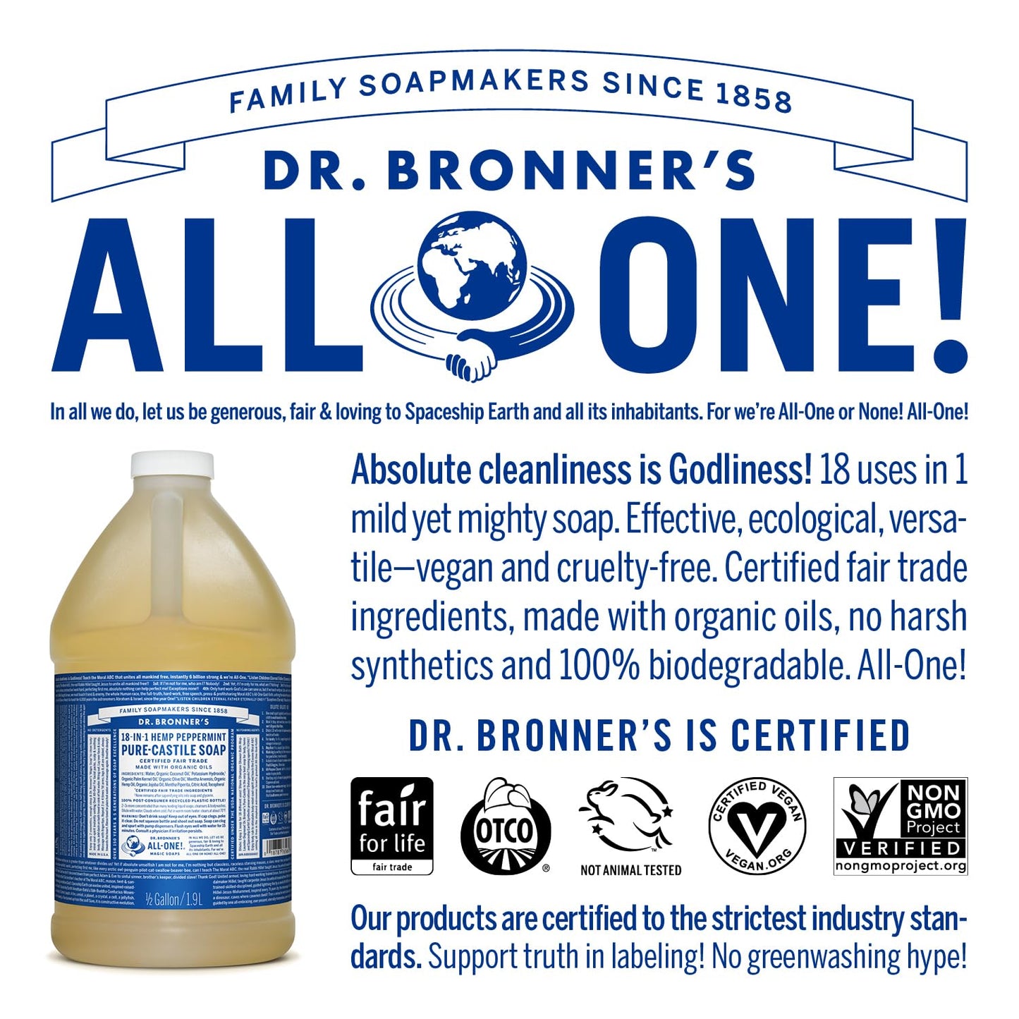 Dr. Bronner's Peppermint Pure-Castile Liquid Soap | 16 Oz | 2-Pack | Vegan & Organic