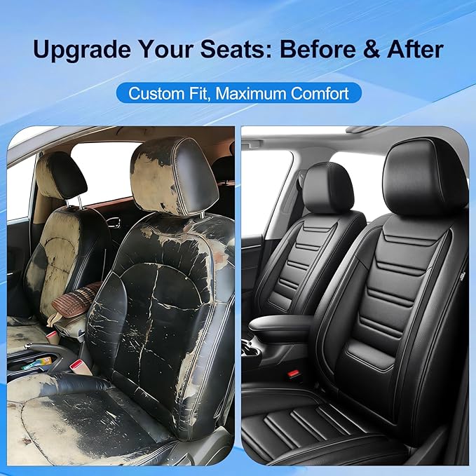Fit CX-5 Car Seat Covers (Front Pair) for Select Mazda CX5 2013-2024 2025 2026 - Premium Full Coverage Leather, Airbag Compatible, Waterproof & All Weather Seat Cushion Protector, Black
