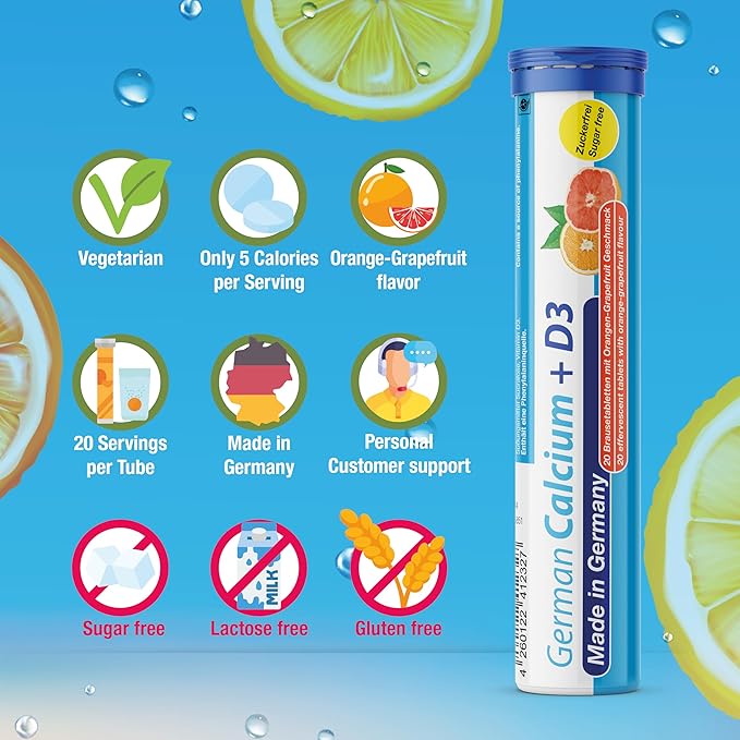 German Calcium + Vitamin D Drink Effervescent Tablets 140 Servings Orange-Grapefruit Flavour - 500 mg Calcium, 2,5 μg Vitamin D3 - T&D Pharma – Made in Germany