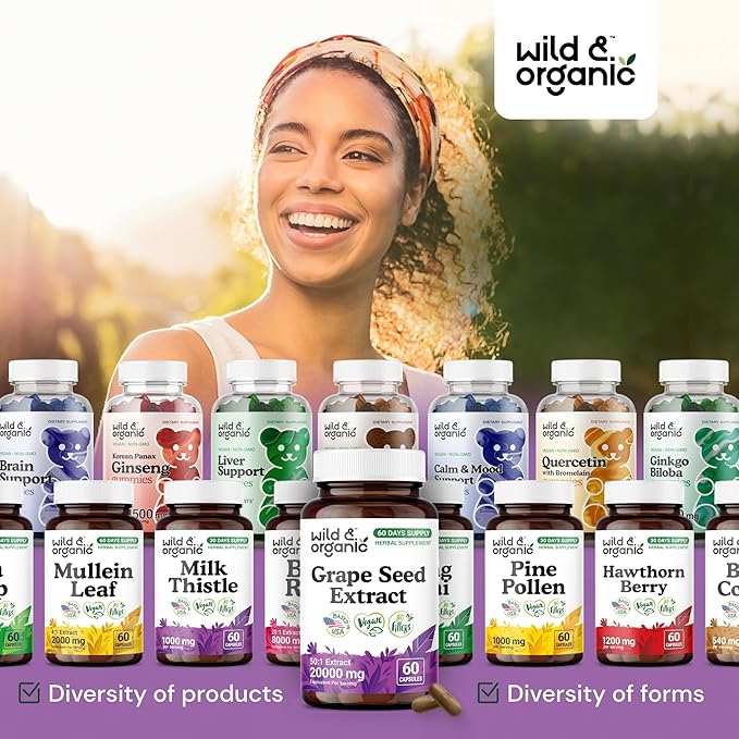 Wild & Organic Grape Seed Extract Capsules - 20,000 mg Strength Grapeseed Extract Equivalent - 95% Polyphenols - 400 mg per Serving - 2 Month Supply - 60 Vegan Capsules - Non-GMO