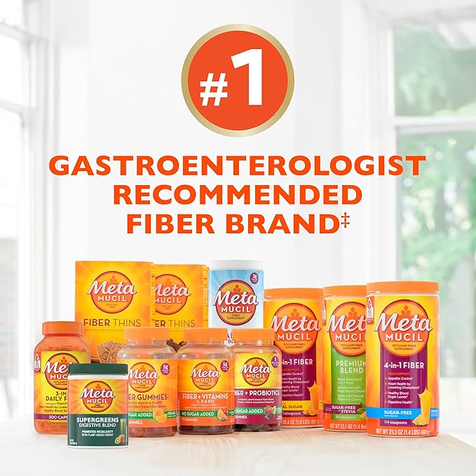 Metamucil 4 in 1 Daily Fiber Supplement Powder, Fiber Powder for Digestive Health and Regularity*, Sugar-Free, Orange, Naturally Sourced Psyllium Fiber, 180 teaspoons