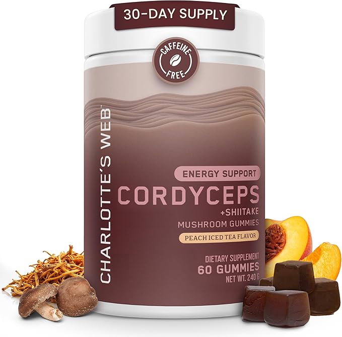 Charlotte's Web Energy Support Mushroom Gummies w/Cordyceps & Shiitake Mushrooms, Caffeine-Free Energy Supplements — Cordyceps Mushroom Gummies, Peach Iced Tea Flavor (30 Servings)