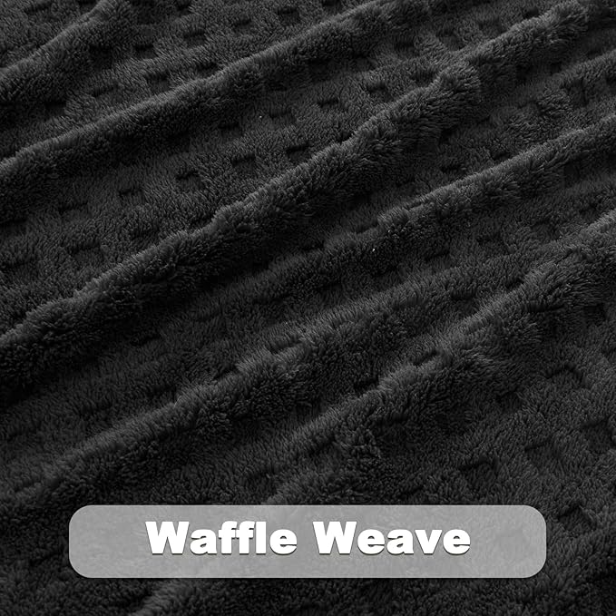 NEWCOSPLAY Super Soft Throw Blanket Black Premium Silky Flannel Fleece 3D Waffle Checkered Lightweight Bed Blanket All Season Use (Black, Throw(50"x70"))
