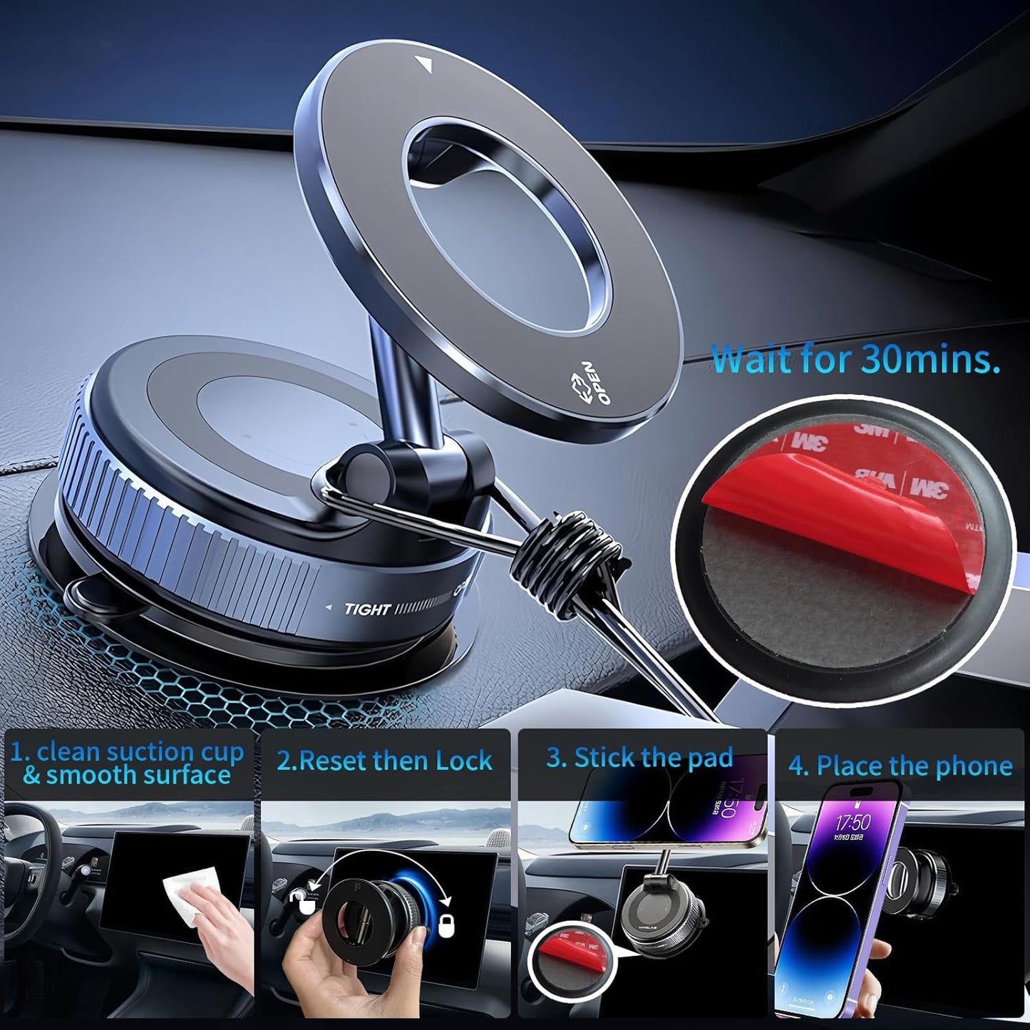 Vacuum Magnetic Car Phone Holder,360°Adjustable Magnetic Phone Holder,Hands-Free Suction Cup Phone Mount for MagSafe,Cell Phone Holders for Your Car for All Smartphones & All Car Models