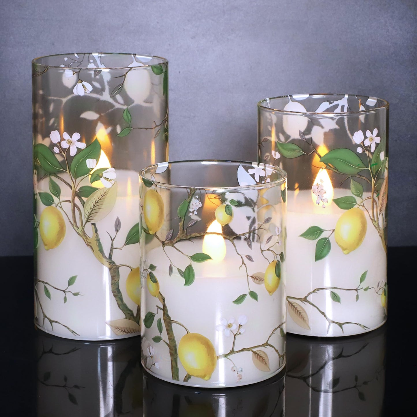 Flameless LED Candles with Remote Lemon Decal Glass Flickering Battery Operated Candles for Home Room Party Wedding Holiday Summer Decor - Set of 3