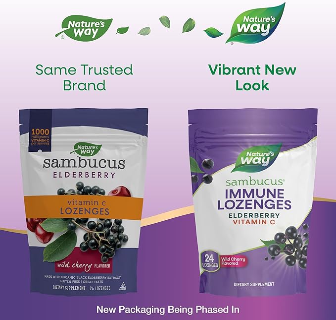 Nature’s Way Sambucus Immune Lozenges, High Potency Vitamin C, Elderberry, Wild Cherry Flavored, 24 Lozenges (Packaging May Vary)