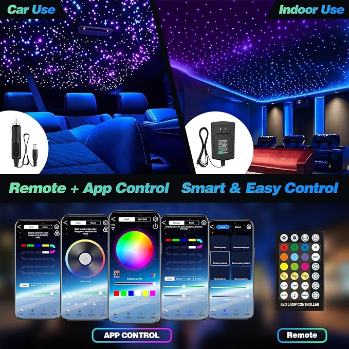 Starlight Headliner Kit 800pcs 0.75mm | Dual-Color Twinkle & RGB Meteor Lights | 32W Fiber Optic Ceiling Light for Cars, Trucks, SUVs, RVs, Boats & Home Use