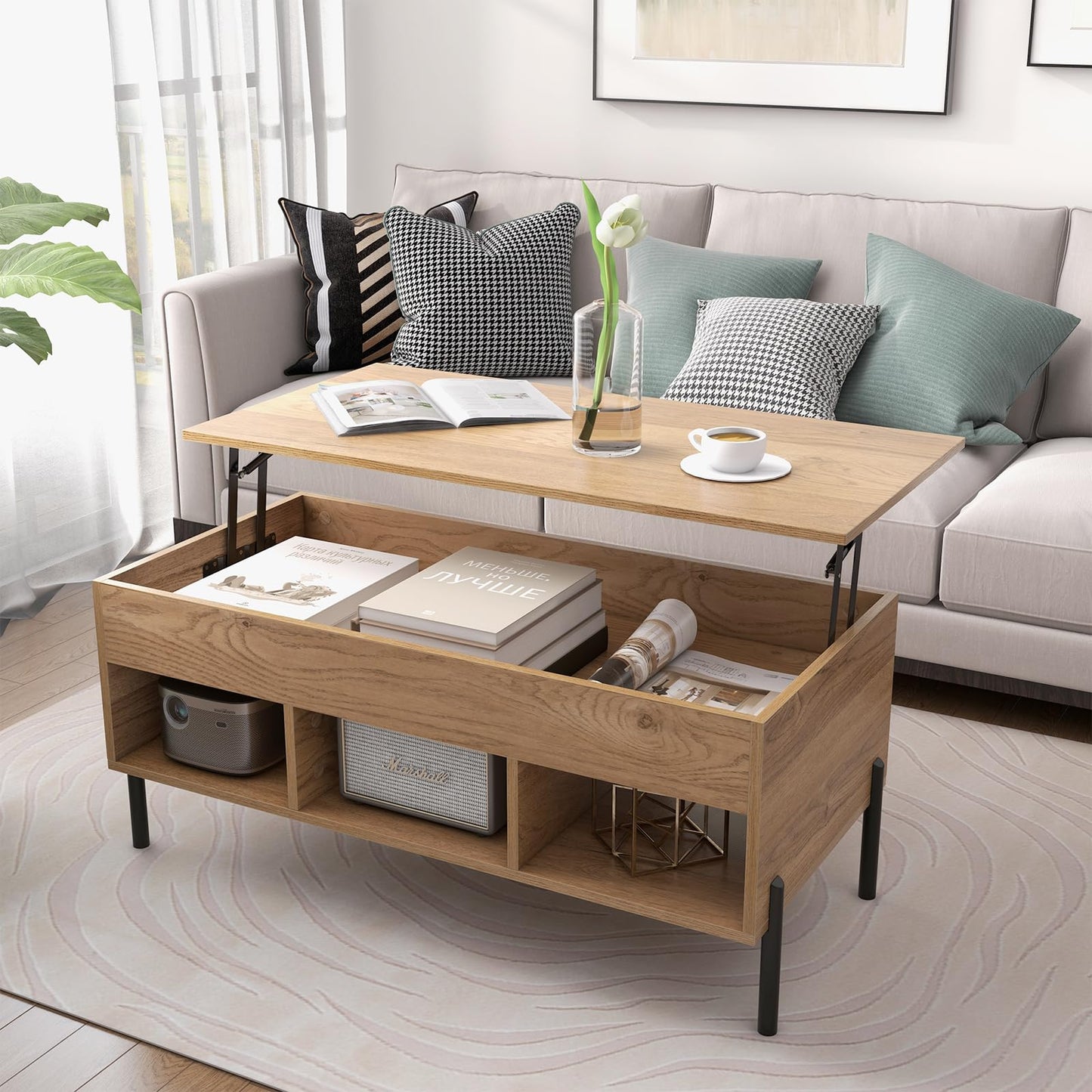 Giantex Lift Top Coffee Table - Rectangular Wooden Table w/Hidden Compartment & Open Storage Shelves, Multifunctional Modern Flip Top Center Table for Living Room, Reception Room, Office (Natural)