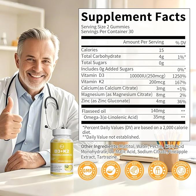 Vitamin D3 K2 Filled Gummies, Vitamin D3 10000IU, K2 (MK-7) 200mcg, Sugar Free K2 D3 Vitamin Supplement with Omega-3, Calcium, Magnesium, Zinc for Muscle, Bones & Immune Support, 2 Packs