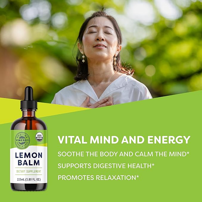 Vimergy Organic Lemon Balm Tincture Herbal Supplement – 175 mg of 10:1 Lemon Balm Extract per Serving, can be Used in Tea - USDA Certified Organic, Non-GMO, Alcohol-Free –115 mL (1 mL/Serving)