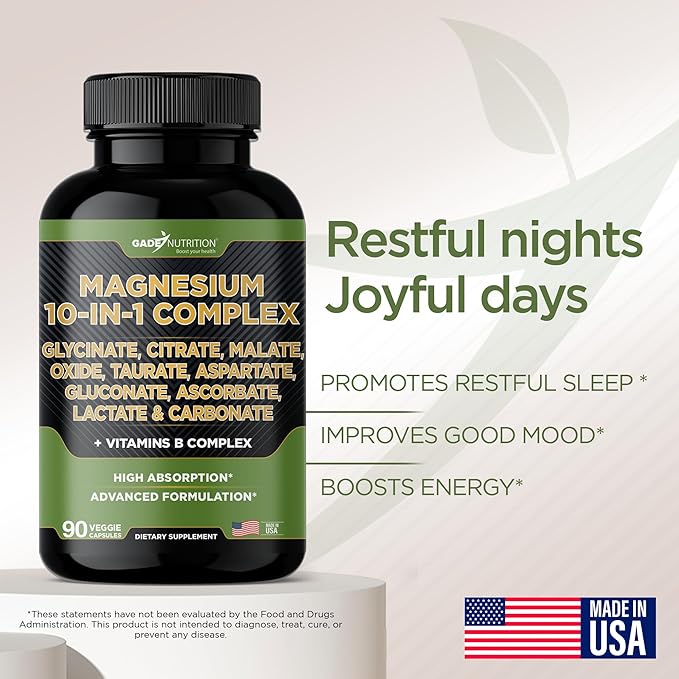 Gade Nutrition Magnesium Complex 10 in 1 with Magnesium Glycinate, Citrate, Malate, Oxide, Taurate, Aspartate, Gluconate Ascorbate Lactate Carbonate Zinc Copper Manganese & Vitamin C B1 B2 B6