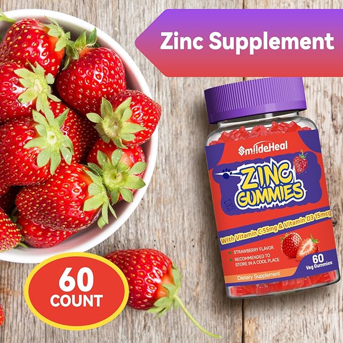 Zinc Gummies, Zinc 50mg, Zinc Citrate, with Vitamin C, Vitamin D3, Non-GMOs, Gluten Free, Strawberry Flavor Gummies, 60 Count