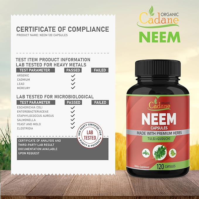 Organic Cadane Neem Leaf Supplements Capsules, 3in1 with Holy Basil Tulsi, Guduchi, 120 Vegetable Capsules | Supports Immune System | Fresh Pure Powder Leaves Herbs