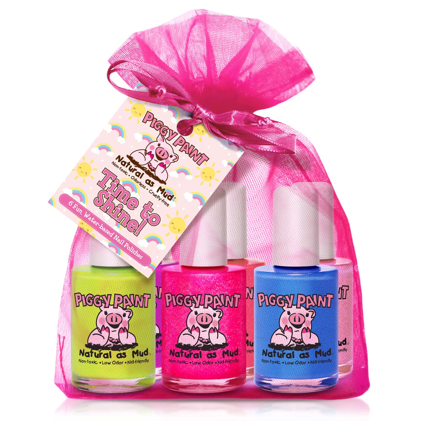 Piggy Paint | 100% Non-Toxic Girls Nail Polish | Safe, Cruelty-Free, Vegan, & Low Odor For Kids | Time To Shine (6 Polish Set)