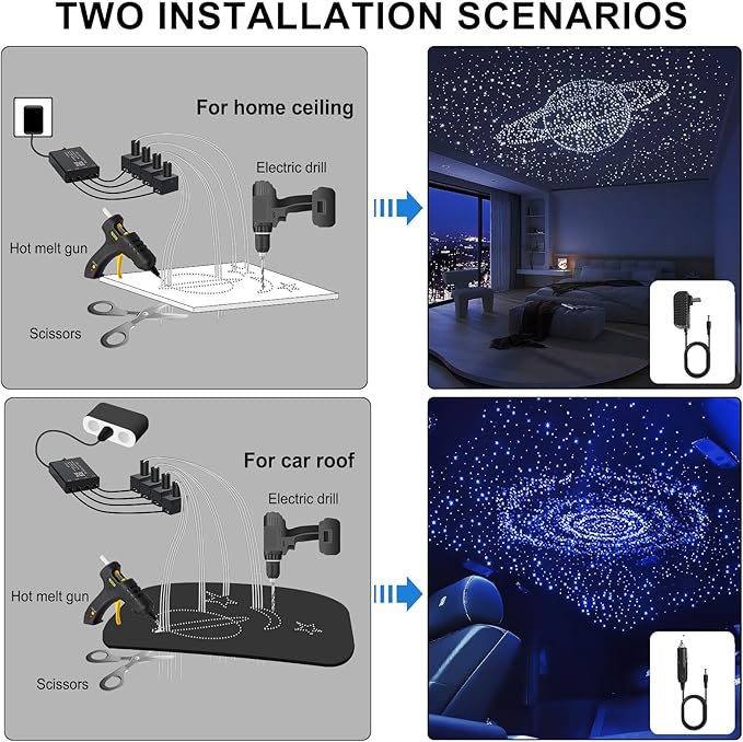 Split 4 Colors 12W Car Starlight Headliner Slim Kit 600pcs*0.02in*9.8ft with APP&RF Remote,RGBW Fiber Optic Starlight Kit,4 Port Engine Sound Activated Star Lights for Ceiling Car Roof/Home Decor