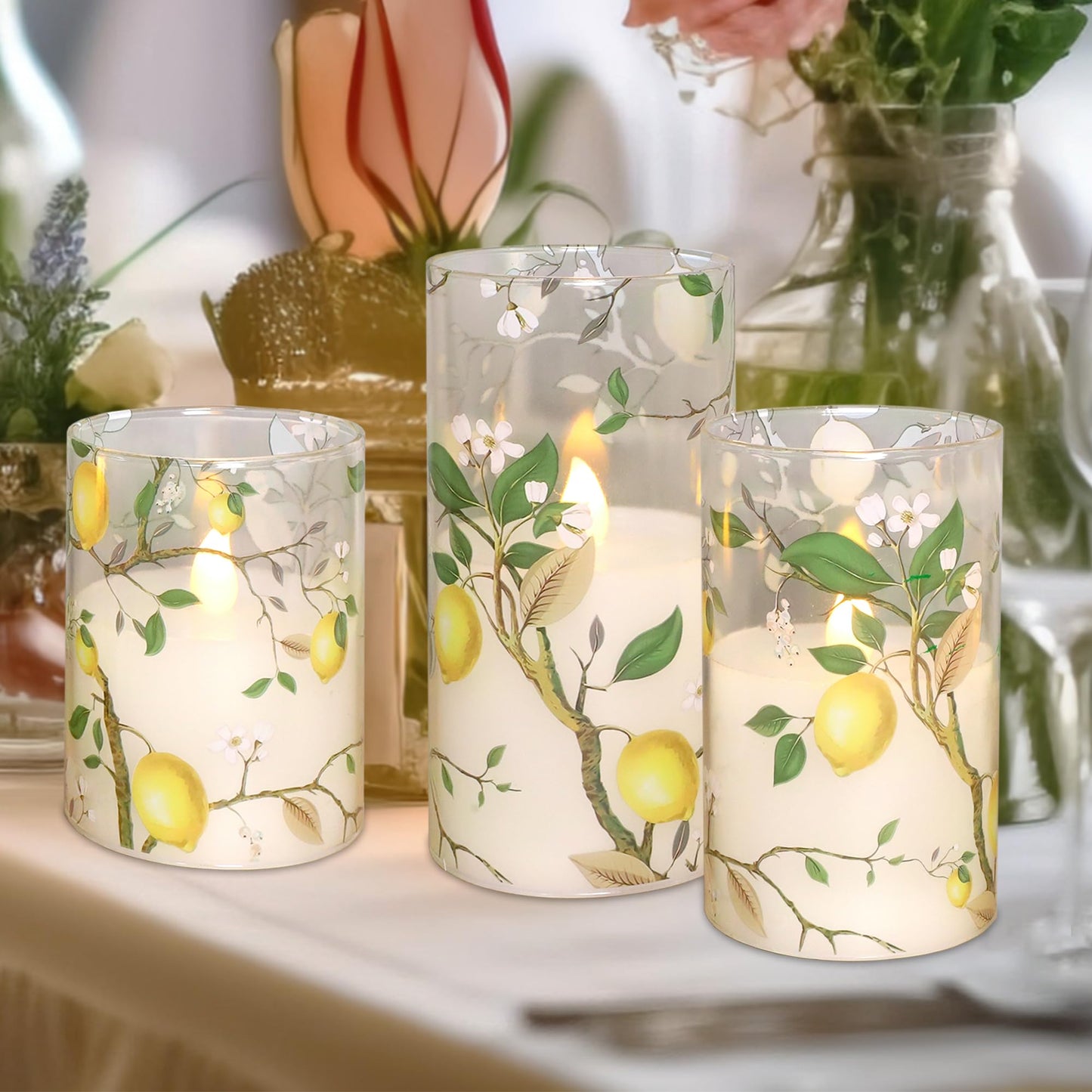 Flameless LED Candles with Remote Lemon Decal Glass Flickering Battery Operated Candles for Home Room Party Wedding Holiday Summer Decor - Set of 3