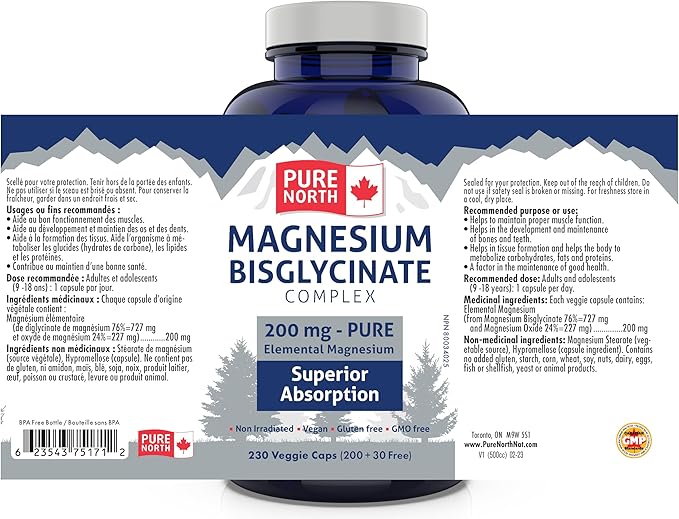 Magnesium Bisglycinate Complex 200mg, (200+30) V-Caps - Helps in The Development and Maintenance of Bones and Teeth - Helps The Body to Metabolize Carbohydrates, Proteins & Fats