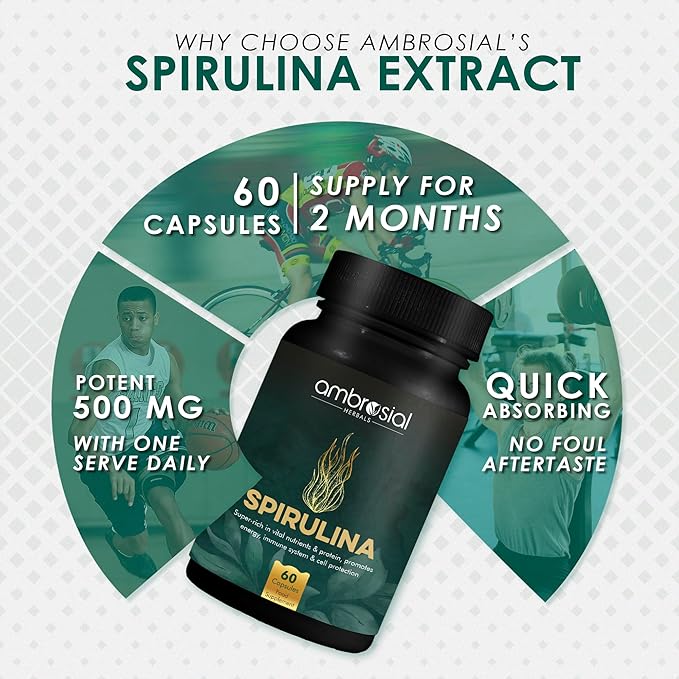 AMBROSIAL Spirulina Capsules 500 mg (Pack of 2-120 Capsules)