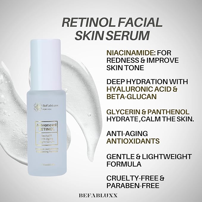 Retinol Night Serum Anti-Aging Facial Serum Firms Face & Neck Hyaluronic Acid, Niacinamide, Collagen, Glycolic Acid, Squalane Vitamin C & E (1.7fl, Hydration Boost)