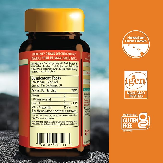 Nutrex BioAstin Astaxanthin 12mg 50 Softgels + Pure Hawaiian Spirulina 500 mg Tablets 200 Count | Bundle