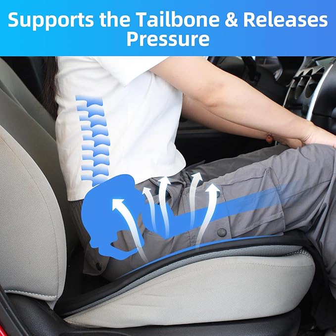 KAYI Car Seat Cushion, Comfort Memory Foam Car Cushions for Driving, Breathable Leather Surface with Anti Slip Rubber Bottom, Seat Cushion for Car and Office Chair (1 Pack, Black)