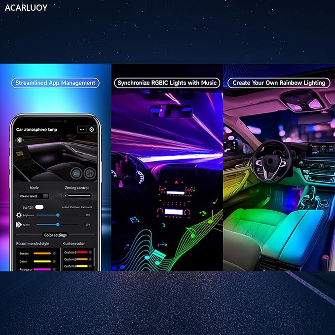 Acrylic Car LED Ambient Light, Fiber Optic Interior Light Strip, 24 Million Types, Ambient Light KKT that Swings with The Melody of Music (RGB Color 6 in 1)